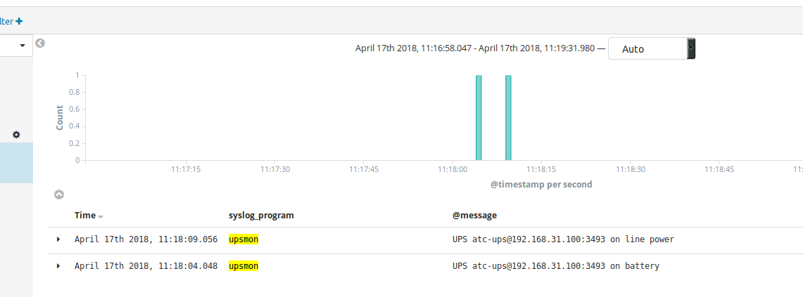 Kibana logs, showing UPS switching into battery mode