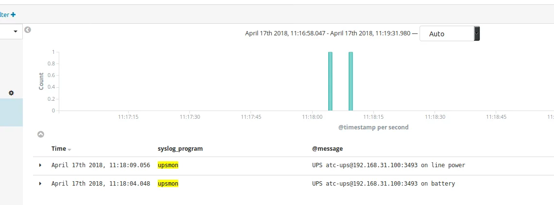 Kibana logs, showing UPS switching into battery mode