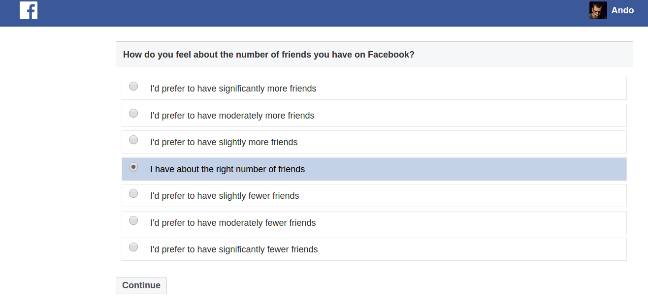 Facebook feedback survey on friend count